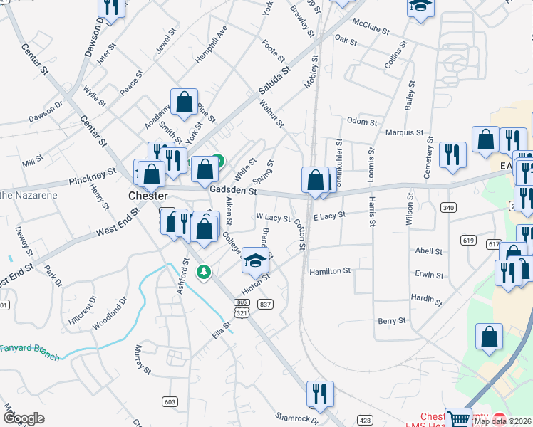 map of restaurants, bars, coffee shops, grocery stores, and more near 112 W Lacy St in Chester
