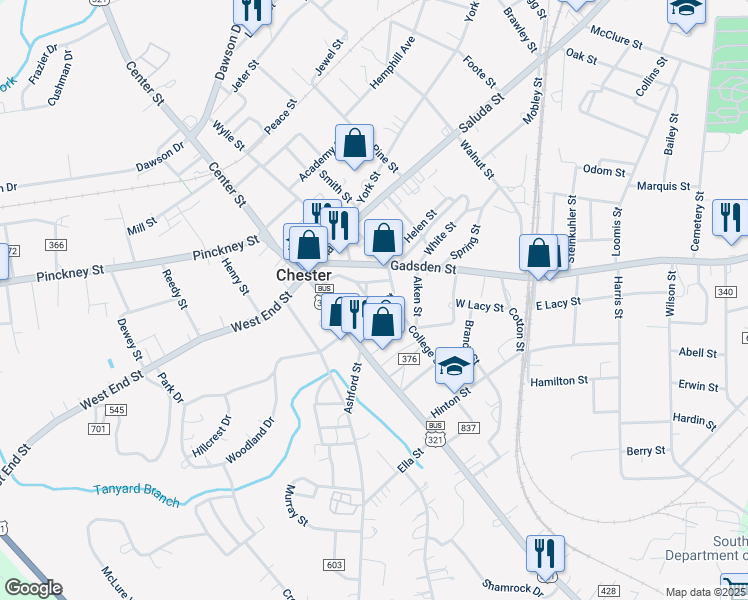 map of restaurants, bars, coffee shops, grocery stores, and more near 117 Church Street in Chester