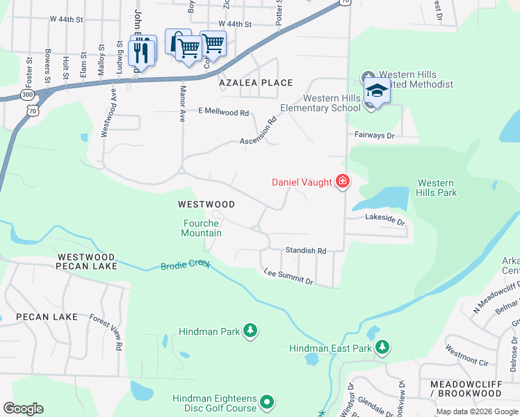 map of restaurants, bars, coffee shops, grocery stores, and more near 8101 Westwood Avenue in Little Rock