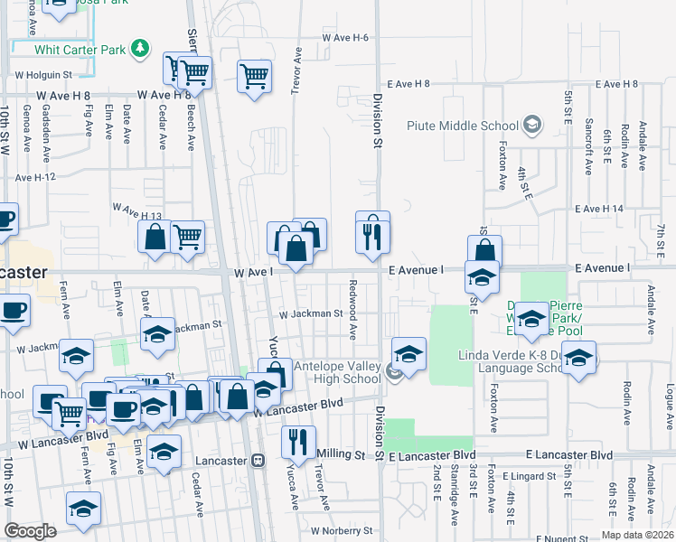 map of restaurants, bars, coffee shops, grocery stores, and more near West Avenue I in Lancaster