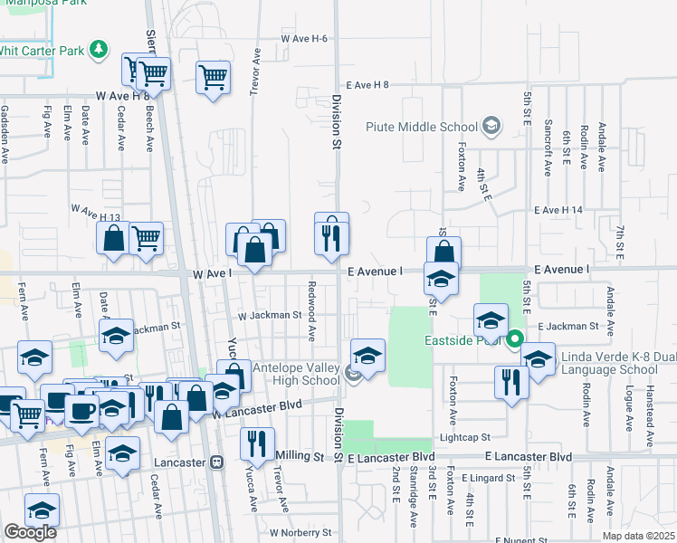 map of restaurants, bars, coffee shops, grocery stores, and more near 4 East Avenue I in Lancaster