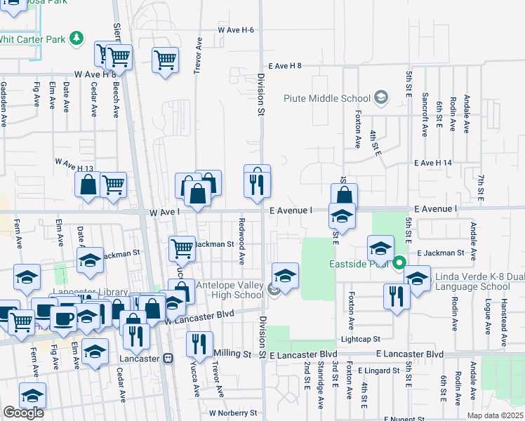 map of restaurants, bars, coffee shops, grocery stores, and more near 2 East Avenue I in Lancaster