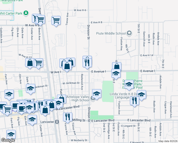 map of restaurants, bars, coffee shops, grocery stores, and more near 2 West Avenue I in Lancaster