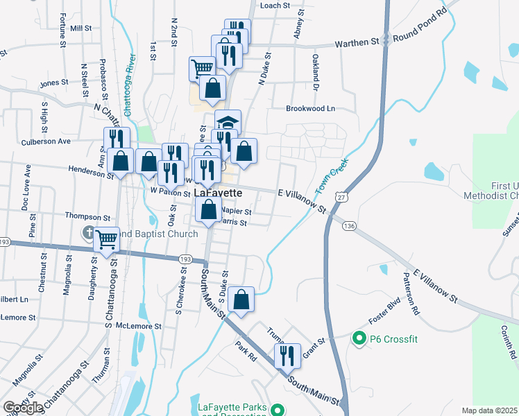 map of restaurants, bars, coffee shops, grocery stores, and more near 207 Napier Street in LaFayette