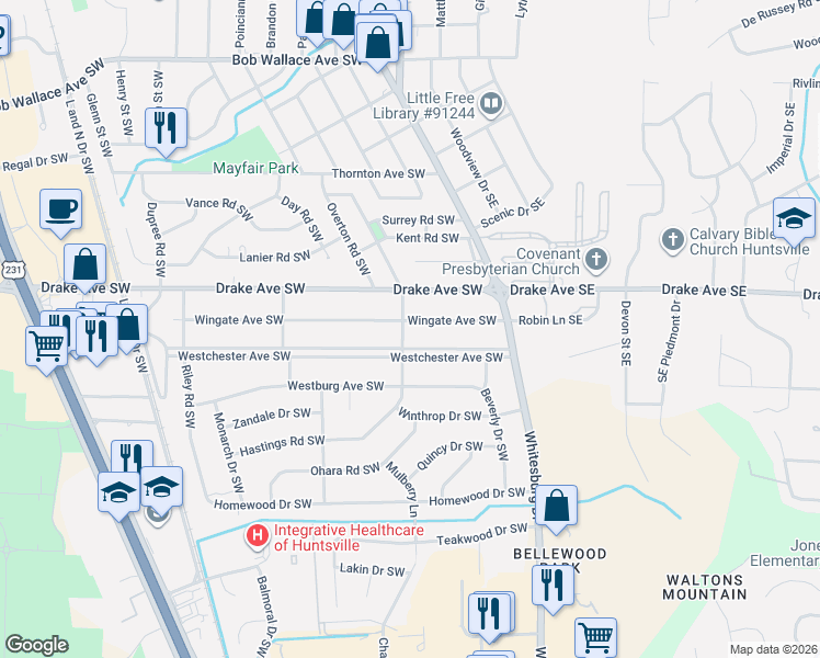 map of restaurants, bars, coffee shops, grocery stores, and more near 201 Wingate Avenue Southwest in Huntsville