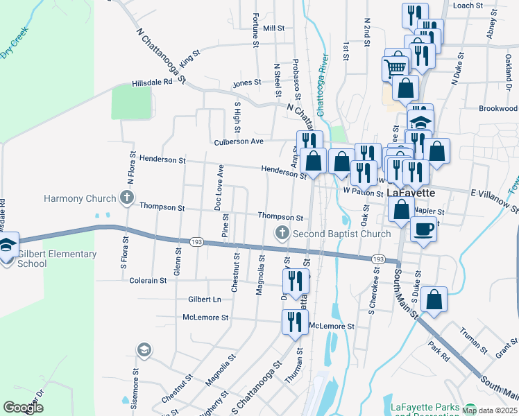 map of restaurants, bars, coffee shops, grocery stores, and more near 214 Magnolia Street in LaFayette