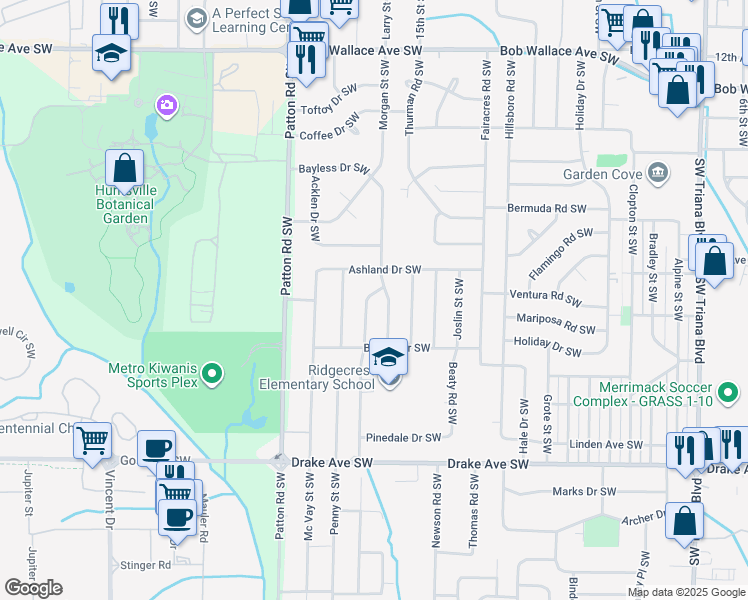 map of restaurants, bars, coffee shops, grocery stores, and more near 3203 Southwest Cerro Vista Street in Huntsville