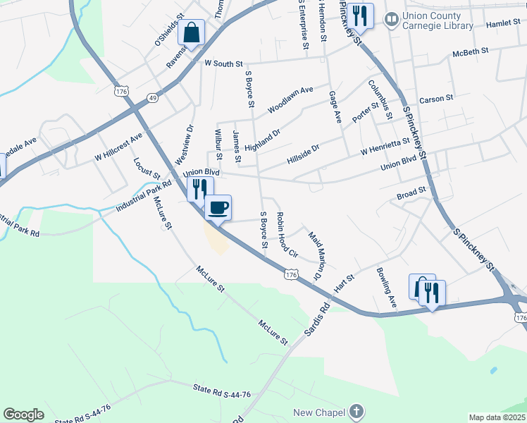 map of restaurants, bars, coffee shops, grocery stores, and more near 605 South Boyce Street in Union