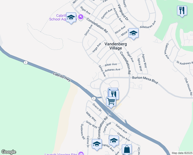 map of restaurants, bars, coffee shops, grocery stores, and more near 3962 Mesa Circle Drive in Lompoc
