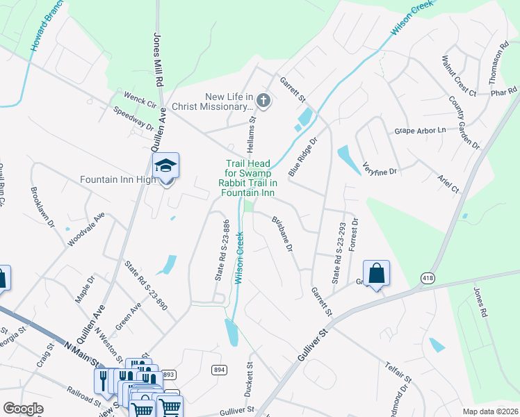 map of restaurants, bars, coffee shops, grocery stores, and more near 50 Brisbane Drive in Fountain Inn