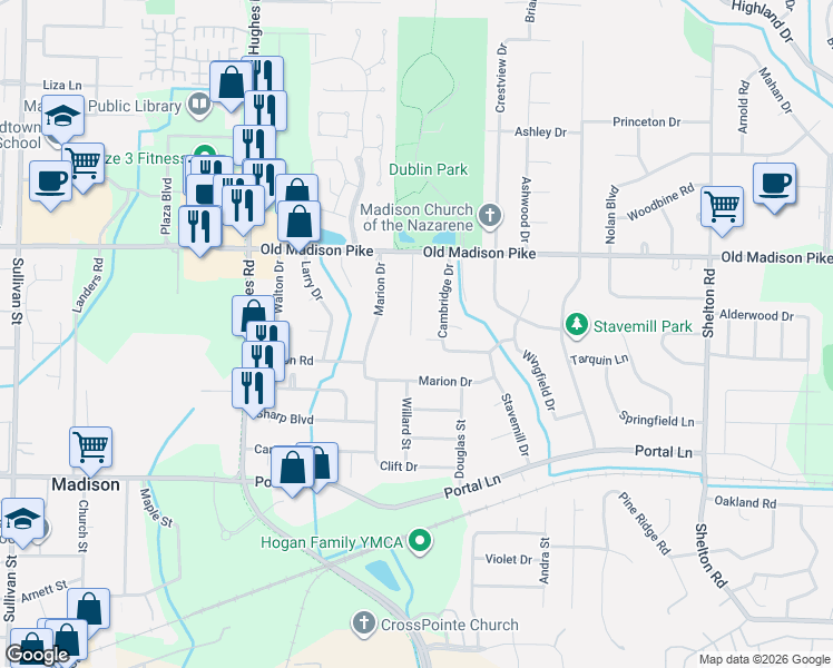 map of restaurants, bars, coffee shops, grocery stores, and more near 605 Ambrose Drive in Madison