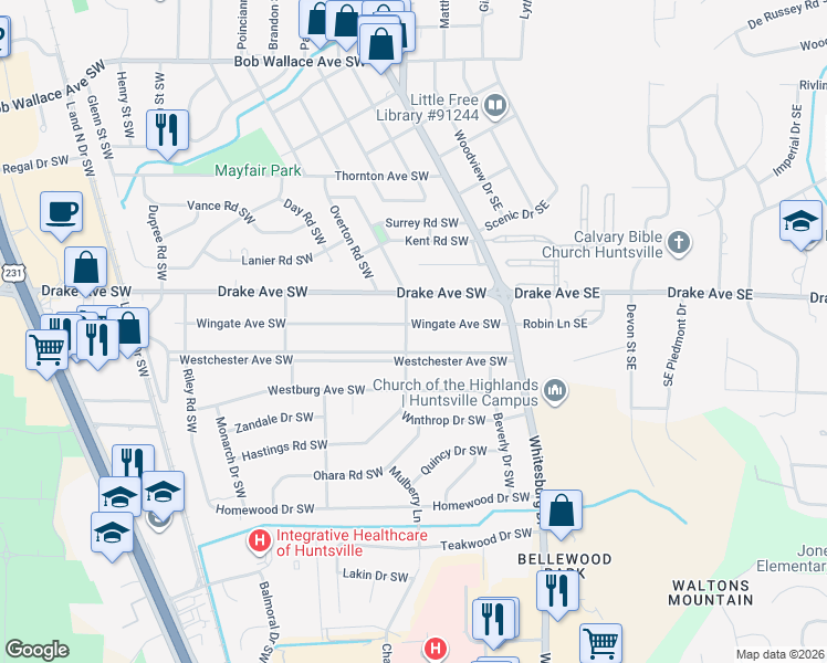 map of restaurants, bars, coffee shops, grocery stores, and more near 201 Wingate Avenue Southwest in Huntsville