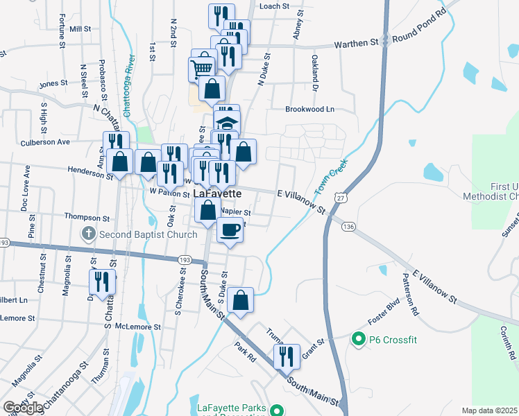 map of restaurants, bars, coffee shops, grocery stores, and more near 207 Napier Street in LaFayette