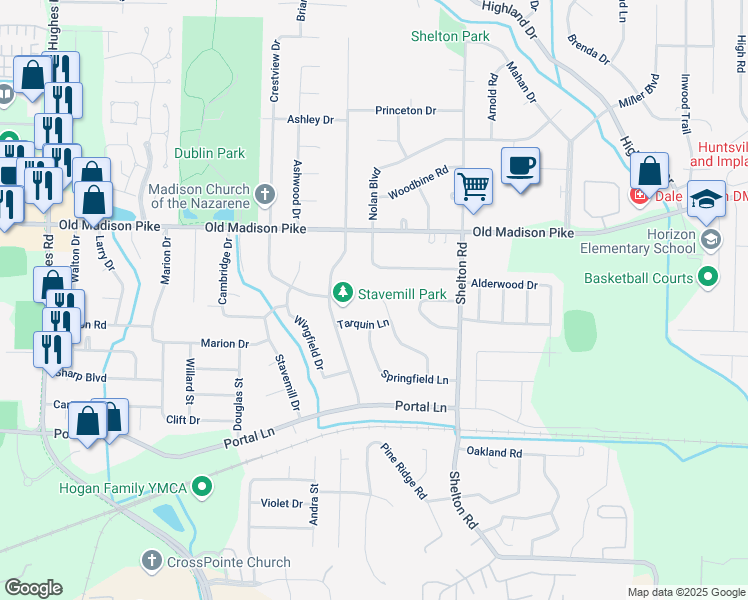 map of restaurants, bars, coffee shops, grocery stores, and more near 125 Betty Garrett Drive in Madison
