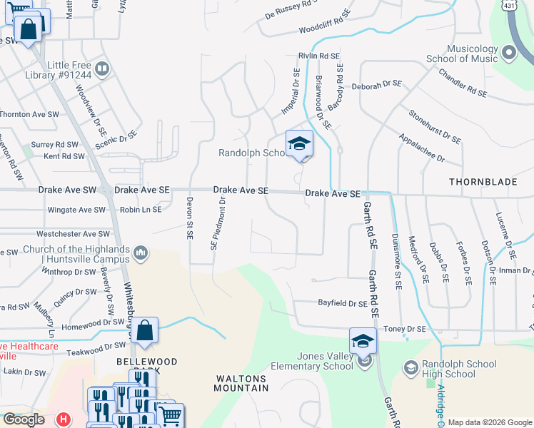 map of restaurants, bars, coffee shops, grocery stores, and more near 3004 Barcody Road Southeast in Huntsville