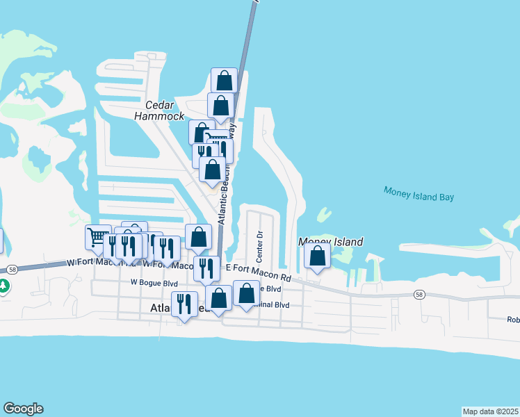 map of restaurants, bars, coffee shops, grocery stores, and more near 163 Shore Drive in Atlantic Beach