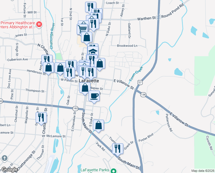 map of restaurants, bars, coffee shops, grocery stores, and more near 207 Napier Street in LaFayette