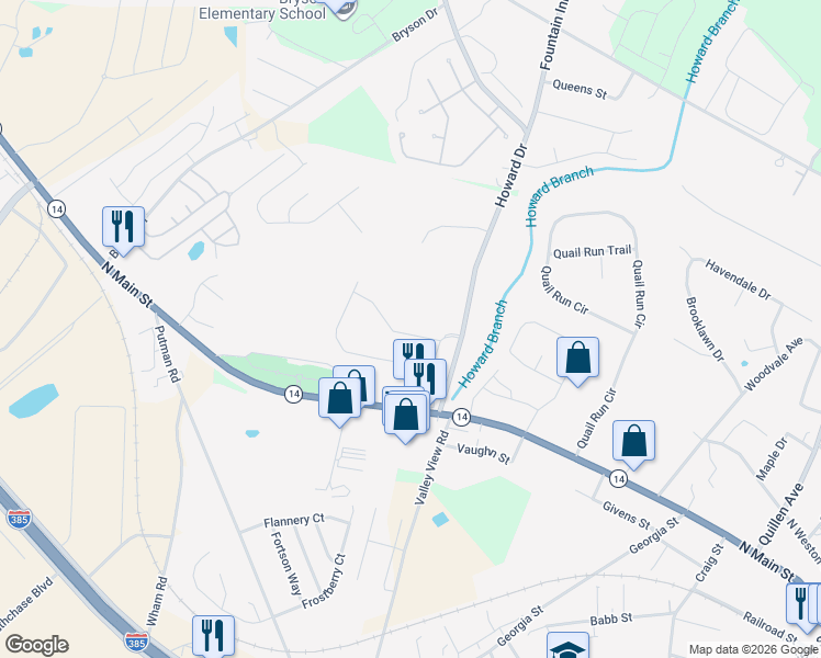 map of restaurants, bars, coffee shops, grocery stores, and more near 1512 Howard Drive in Fountain Inn