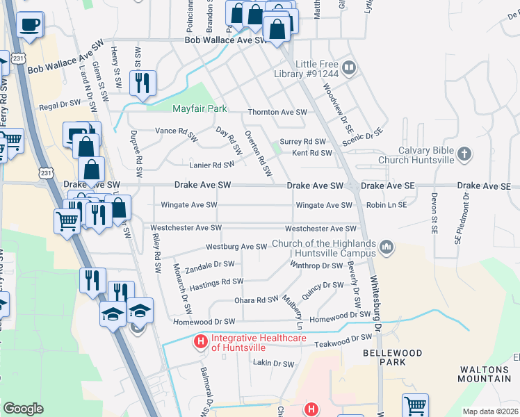 map of restaurants, bars, coffee shops, grocery stores, and more near 211 Wingate Avenue Southwest in Huntsville