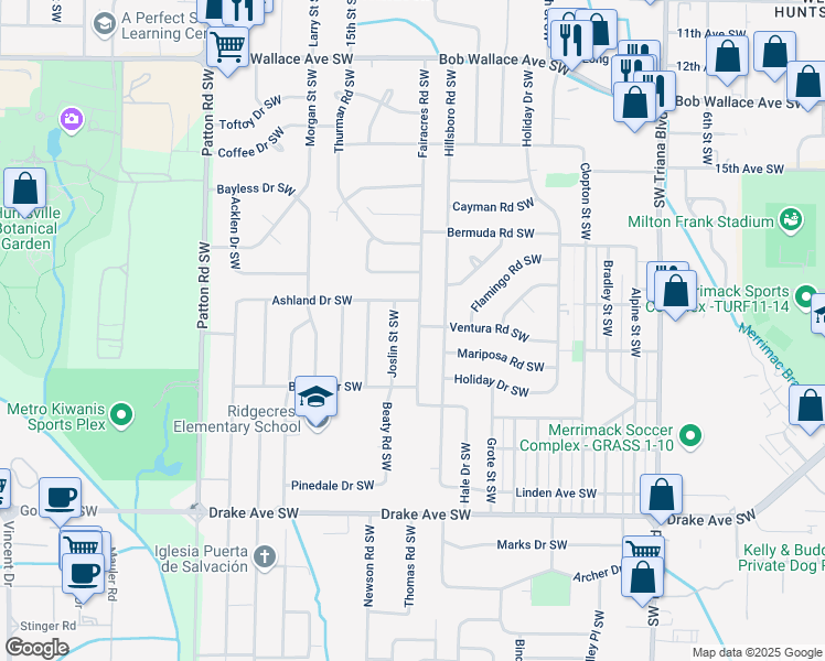 map of restaurants, bars, coffee shops, grocery stores, and more near 3208 Fairacres Road Southwest in Huntsville