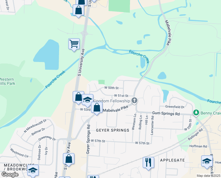 map of restaurants, bars, coffee shops, grocery stores, and more near 5723 West 50th Street in Little Rock