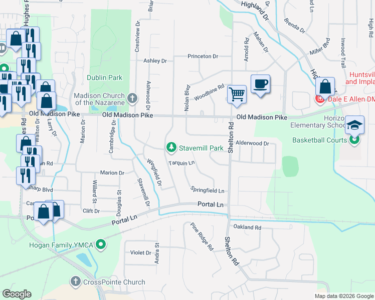 map of restaurants, bars, coffee shops, grocery stores, and more near 125 Betty Garrett Drive in Madison