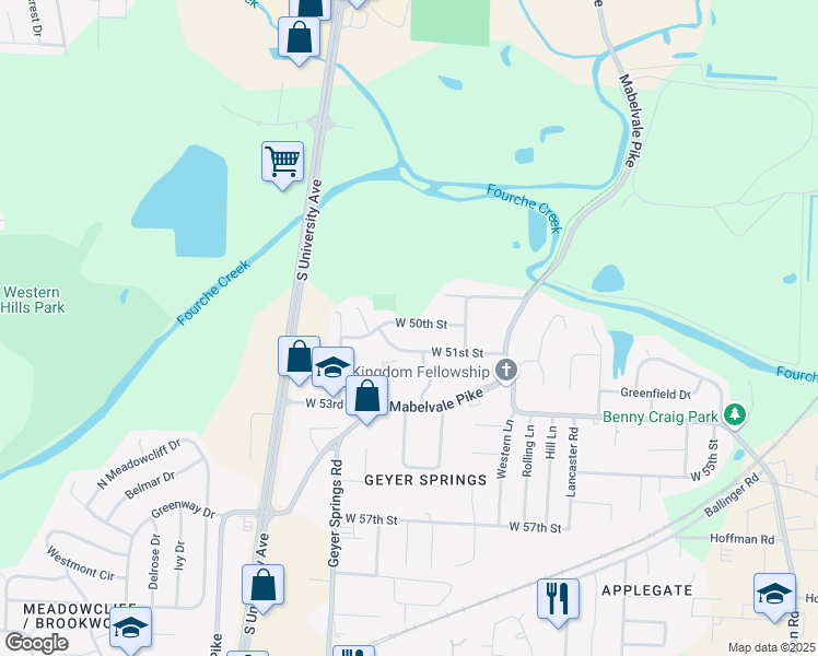 map of restaurants, bars, coffee shops, grocery stores, and more near 5723 W 50th St in Little Rock