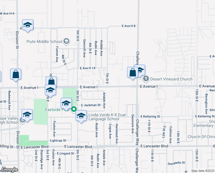 map of restaurants, bars, coffee shops, grocery stores, and more near East Avenue I & 7th Street East in Lancaster