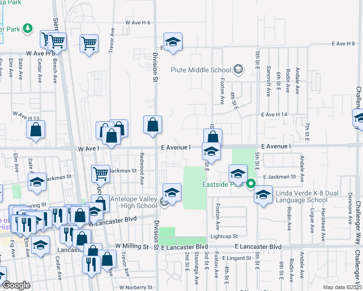 map of restaurants, bars, coffee shops, grocery stores, and more near 145 East Avenue I in Lancaster