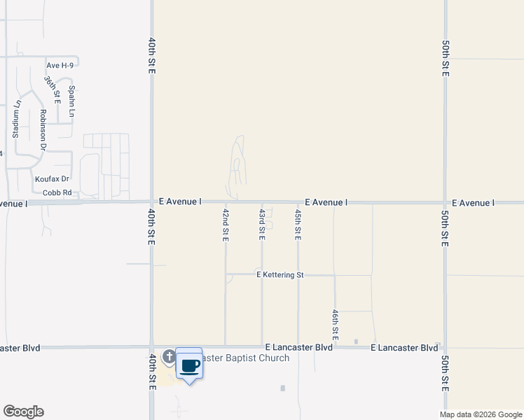 map of restaurants, bars, coffee shops, grocery stores, and more near 43rd Street East in Lancaster