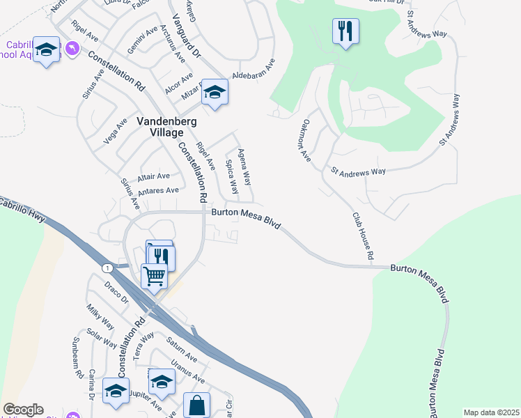 map of restaurants, bars, coffee shops, grocery stores, and more near 3906 Rigel Avenue in Lompoc