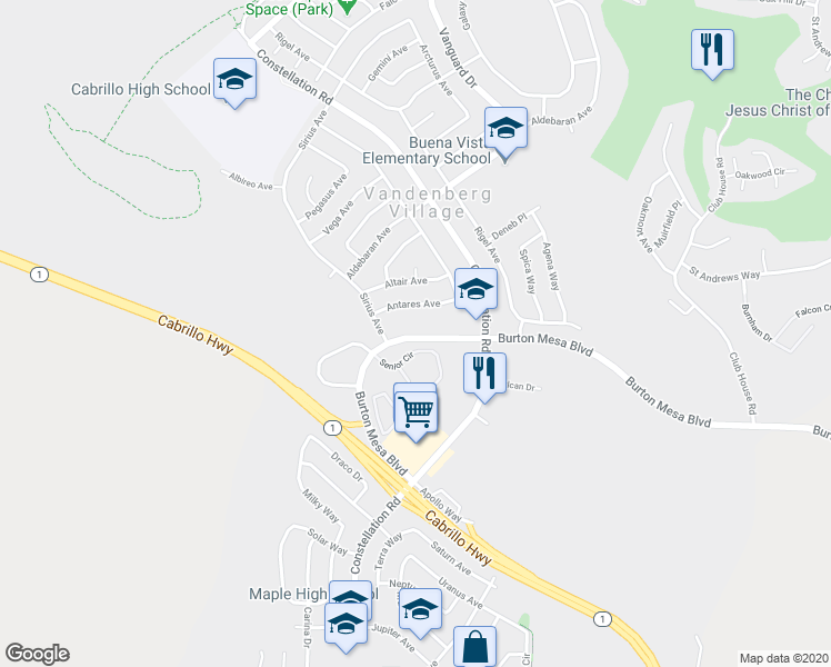map of restaurants, bars, coffee shops, grocery stores, and more near 275c Burton Mesa Boulevard in Lompoc