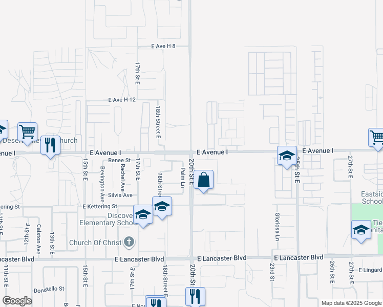 map of restaurants, bars, coffee shops, grocery stores, and more near East Avenue I in Lancaster