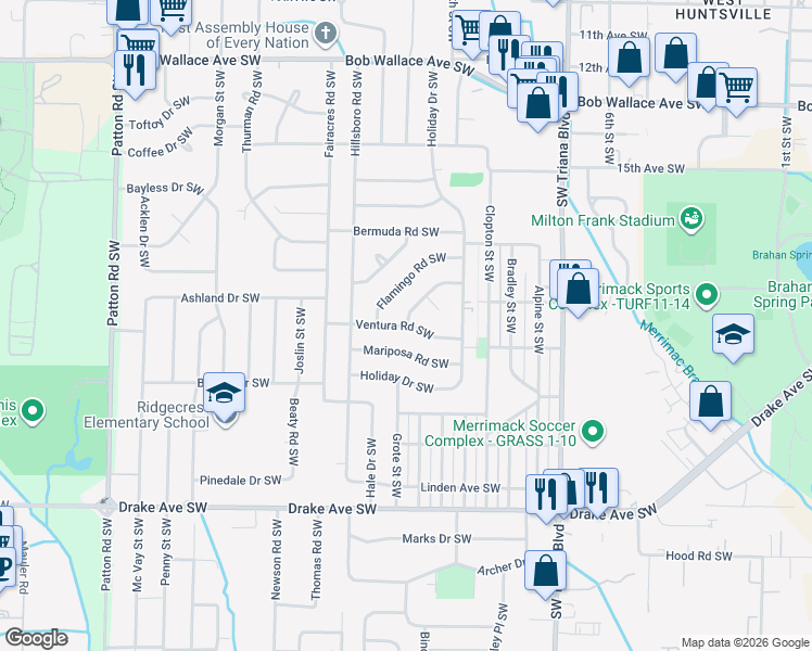 map of restaurants, bars, coffee shops, grocery stores, and more near 3598 Oleander Road Southwest in Huntsville