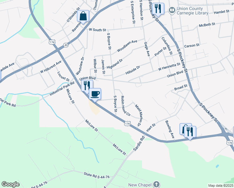 map of restaurants, bars, coffee shops, grocery stores, and more near 605 South Boyce Street in Union