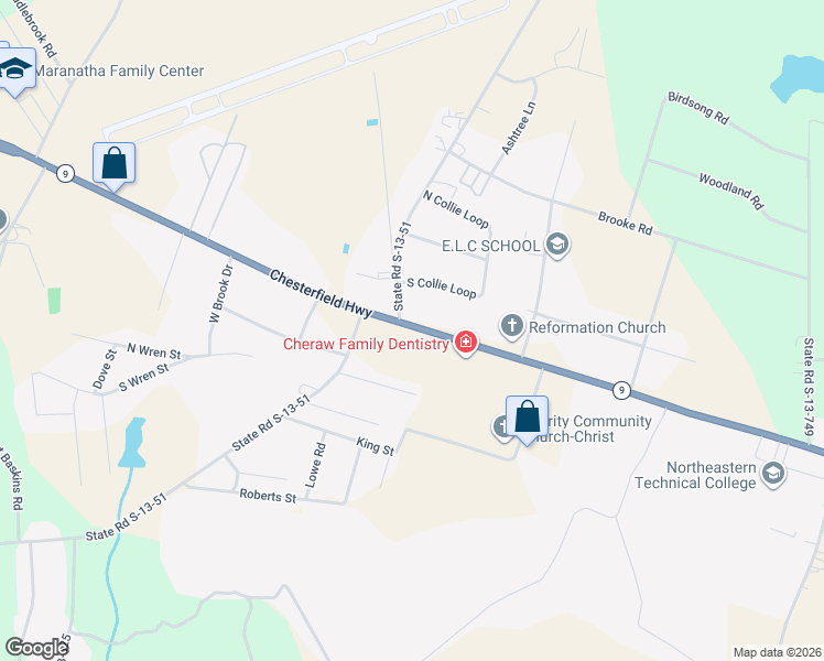 map of restaurants, bars, coffee shops, grocery stores, and more near 3261 Chesterfield Highway in Cheraw