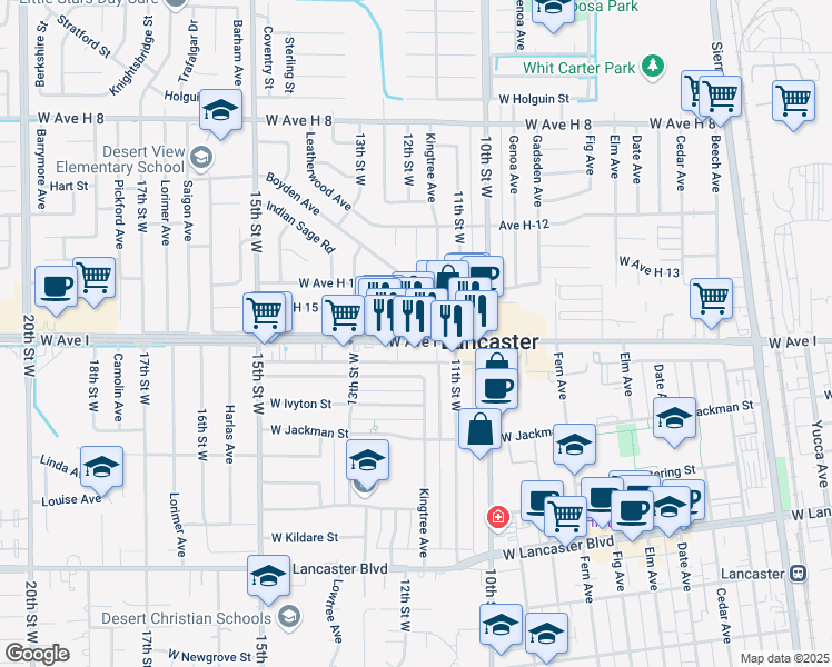 map of restaurants, bars, coffee shops, grocery stores, and more near 1137 West Avenue I in Lancaster