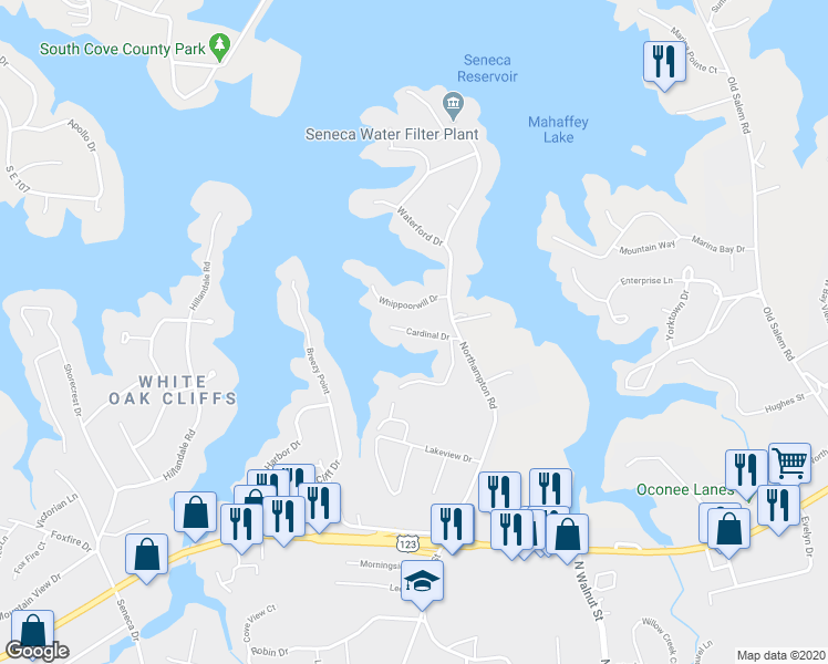 map of restaurants, bars, coffee shops, grocery stores, and more near 112 Cardinal Drive in Seneca