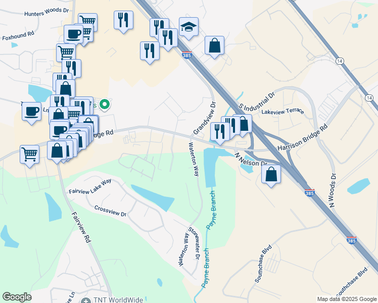 map of restaurants, bars, coffee shops, grocery stores, and more near 10 Waterton Way in Simpsonville
