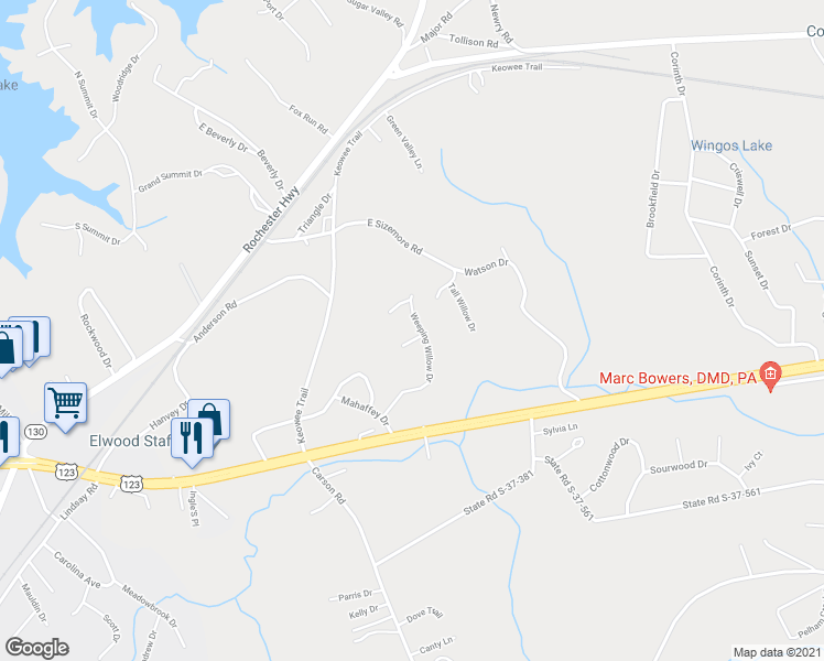 map of restaurants, bars, coffee shops, grocery stores, and more near 329 Weeping Willow Drive in Seneca