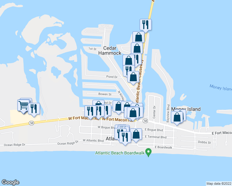 map of restaurants, bars, coffee shops, grocery stores, and more near 104 Bowen Street in Atlantic Beach