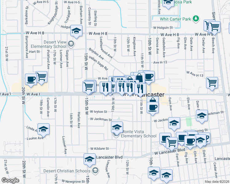 map of restaurants, bars, coffee shops, grocery stores, and more near 1255 West Avenue I in Lancaster