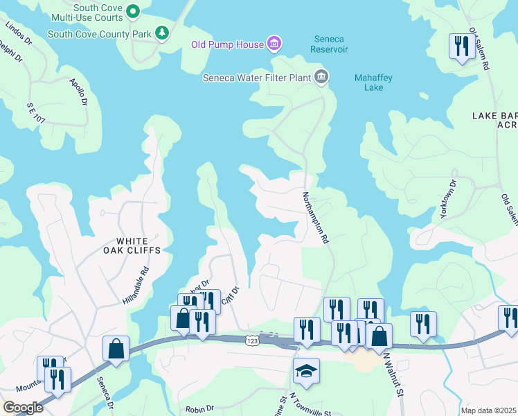 map of restaurants, bars, coffee shops, grocery stores, and more near 111 Cardinal Drive in Seneca