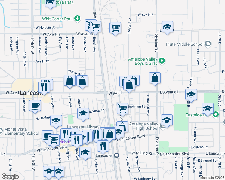 map of restaurants, bars, coffee shops, grocery stores, and more near 421 West Avenue I in Lancaster