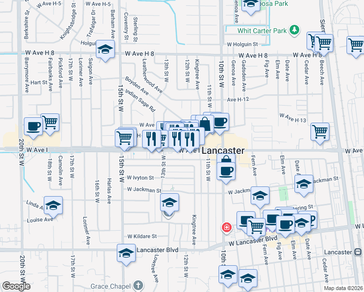 map of restaurants, bars, coffee shops, grocery stores, and more near 1215 West Avenue I in Lancaster