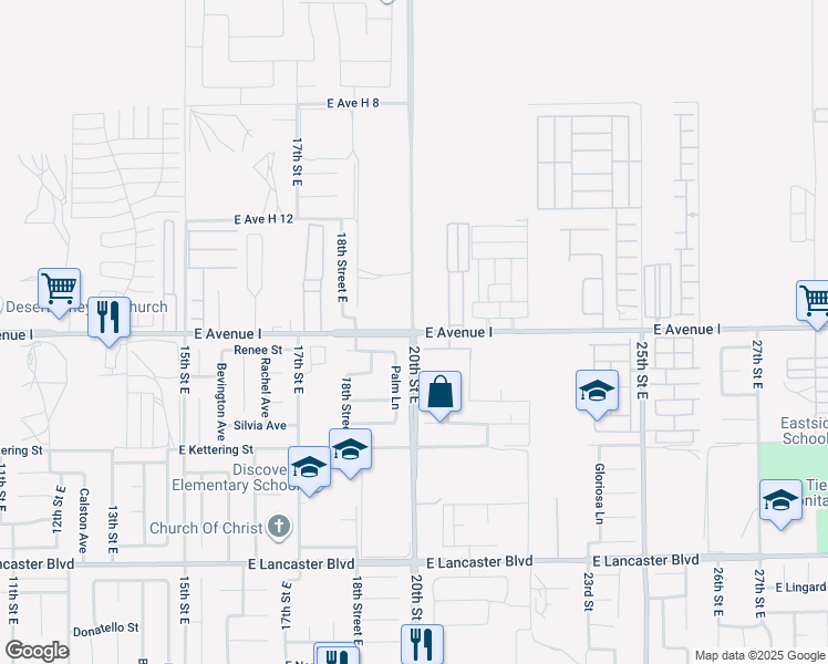 map of restaurants, bars, coffee shops, grocery stores, and more near 20th Street East in Lancaster