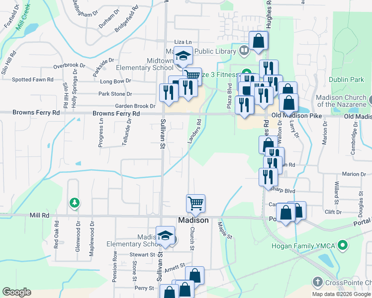map of restaurants, bars, coffee shops, grocery stores, and more near 120 Sarah Hughes Drive in Madison