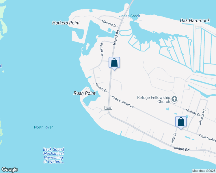 map of restaurants, bars, coffee shops, grocery stores, and more near 340-378 Island Road in Harkers Island