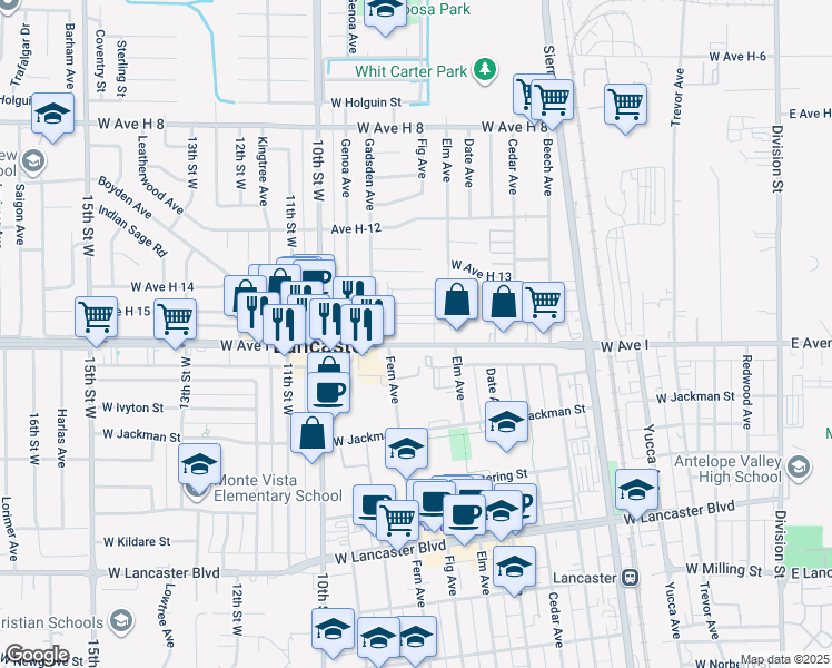 map of restaurants, bars, coffee shops, grocery stores, and more near 743 West Avenue I in Lancaster
