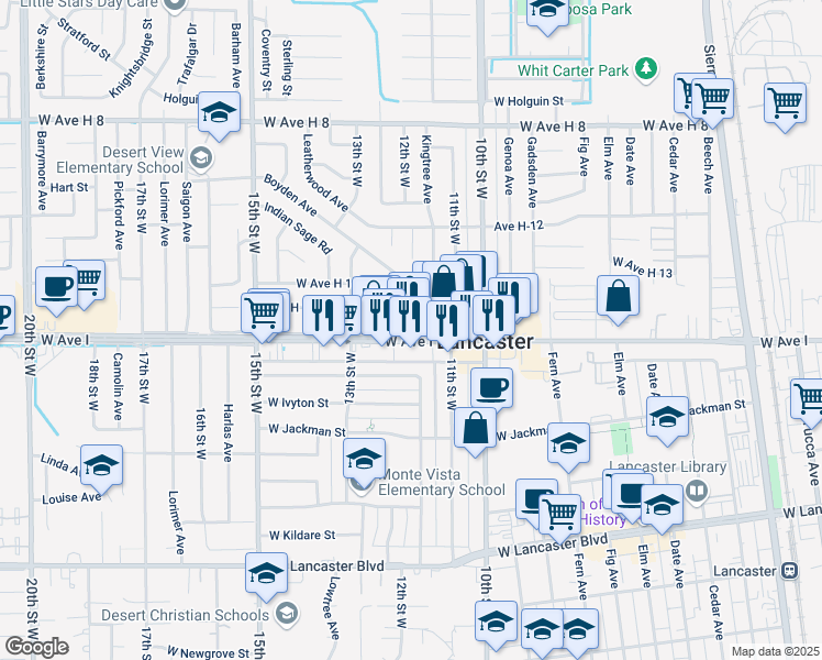 map of restaurants, bars, coffee shops, grocery stores, and more near 1137 West Avenue I in Lancaster